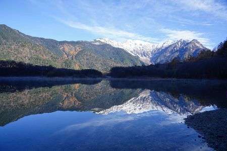 大正池に映る穂高の雅
