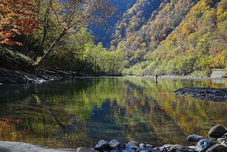 紅葉と釣り人