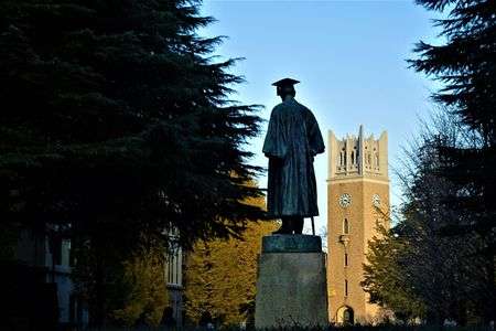 大隈重信像と大隈講堂