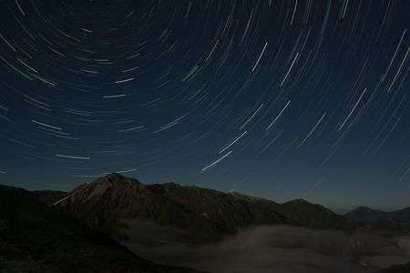 北アルプス鷲羽岳と北天の星空