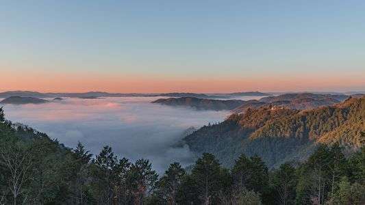 雲海が覆う朝の城下町
