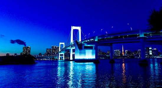 ブルーに輝くレインボーブリッジと東京タワー