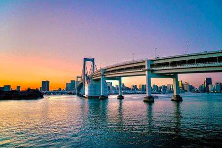 虹色の夕焼けとレインボーブリッジ