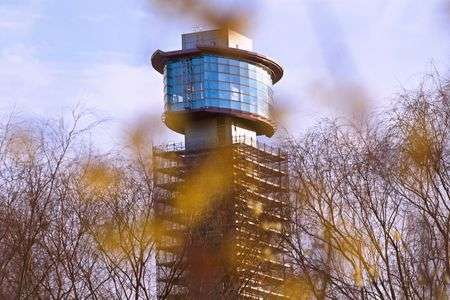 夕暮れ時の展望台と蝋梅