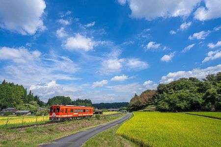 青空、雲、稲穂そして単行列車