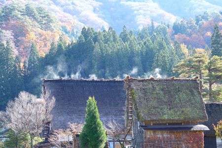 茅葺き屋根と湯気