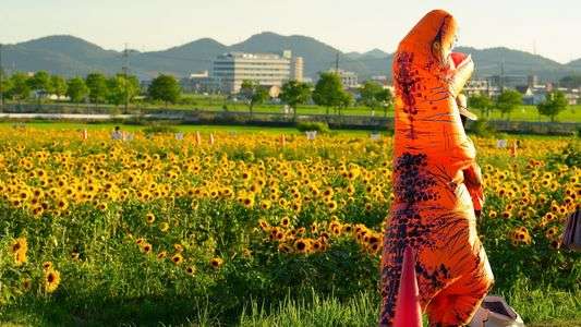 恐竜コスチュームも暑い