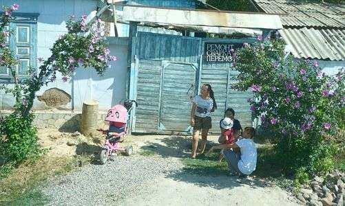 キルギス、木陰に家族かな